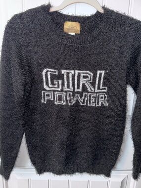 Black 'GIRL POWER' Fuzzy Crewneck Sweater for Girls